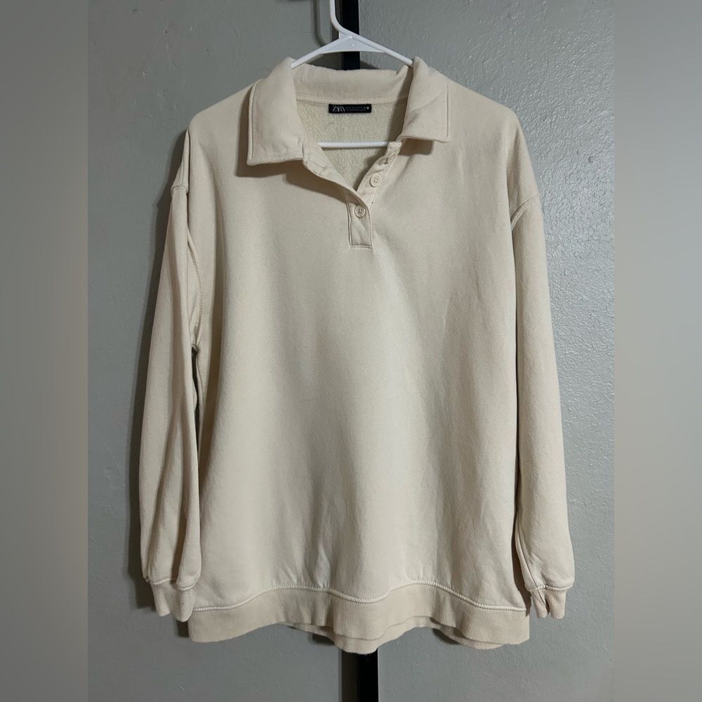 Zara Cream Womens Polo-Style Crewneck Sweater Lg